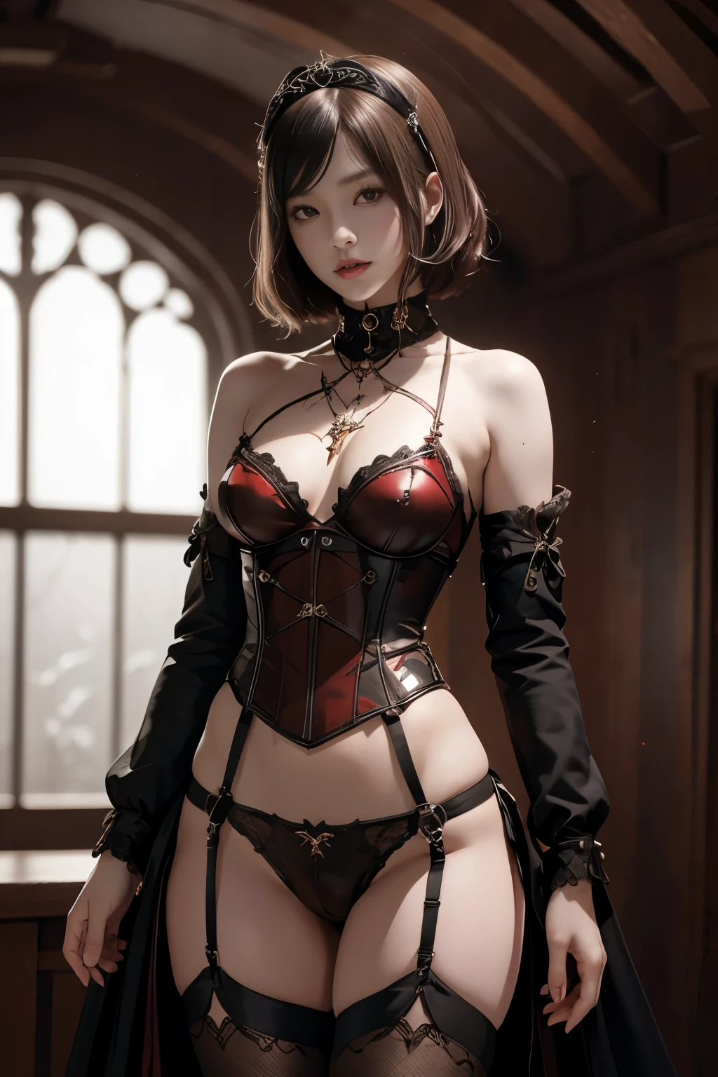 A Japanese girl 、short chestnut hair、 ((Ultra-Realistic Details)) 、 Portrait 、 Global Illumination 、 Shadow 、 Octane Rendering 、 8K 、 Ultra Sharp 、 Crimson leather corset and panties 、garter belt、 ((Bondage and Gothic Lolita)) 、 Very intricate detail 、 Realistic Light 、  Trends in CG、Golden Eyes、Sparkling Eyes、Facing the camera、Neon Details、Small breasts、Slim Body、Neck accessories、Standing pose、back、The background is a steampunk room、Beautiful long legs