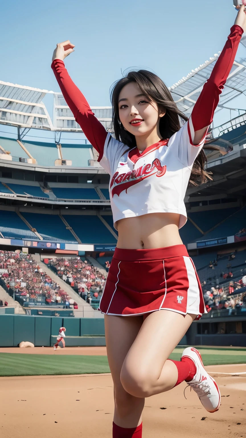 Beautiful girl, Korean makeup, Red lips, medium body, medium chest, femoral, baseball cheerleader outfit, jumping position, stadium landscape