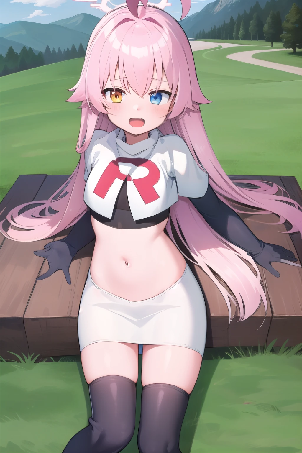 masterpiece, best quality, ultra-detailed, 1girl, hoshino, team rocket,team rocket uniform,white skirt,red letter R,crop top,black thigh-highs,black elbow gloves, outdoors 