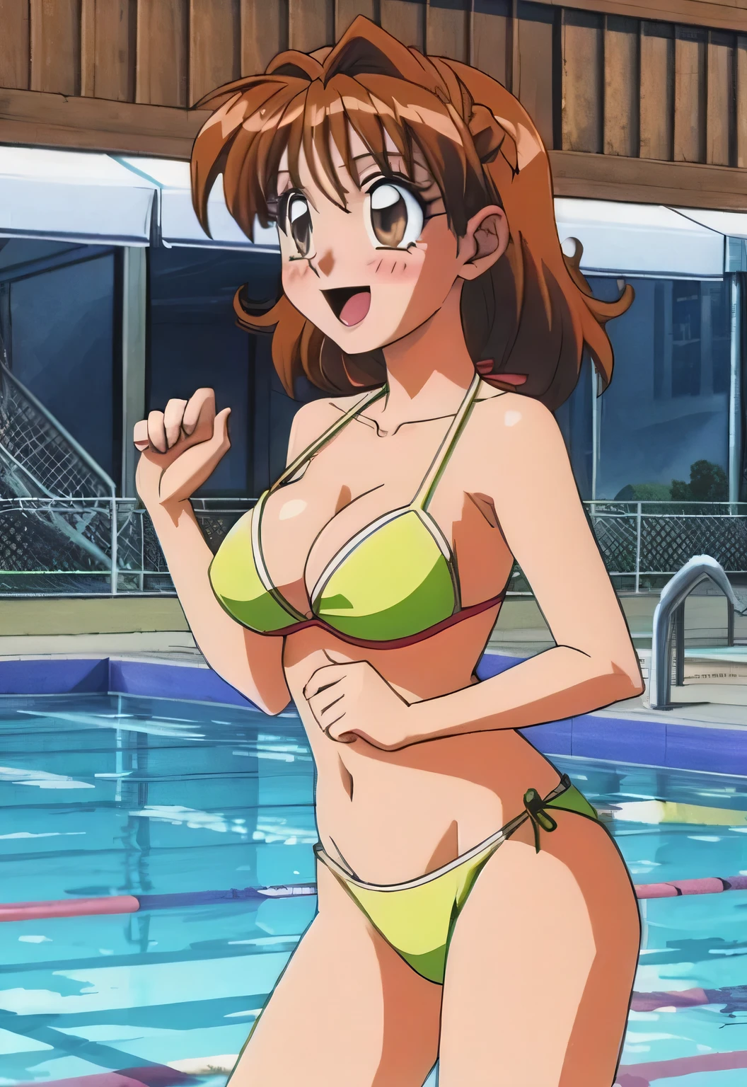alone,Pool,bikini,Swimwear,pupil_Brown,blush,smile,Open your mouth,Place your hands behind your back,masterpiece, expensive quality, very_expensive_solve, big_file size, Full Color,