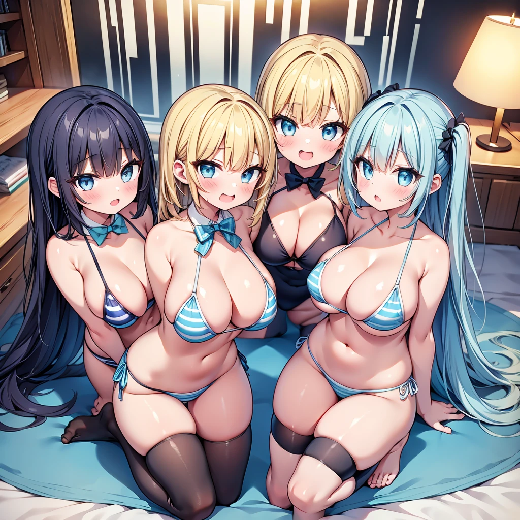 highest quality,wonderful,finely,extremely detailed CG Unity 8K wallpaper, (3 girls, cute eyes, Light blue striped micro bikini:1.2),  (sparkling eyes), (huge breasts), (open mouth:1.1), (long tongue:1.1), (mouth drool:1.1), (black stockings:1.1),(Thighs:1.1),(Waistline:1.1)