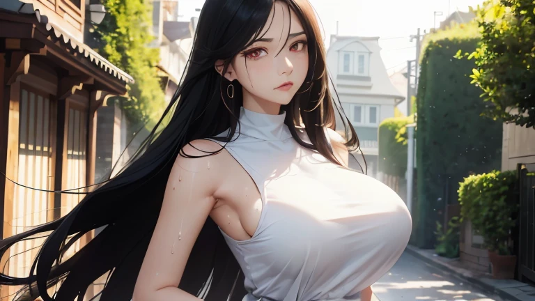gigantic 、One beautiful woman、One ultimate beauty、38 years old、One mature Sharp eyes、((((Daytime))))、Black Hair、Beautiful Hair、 (((absurdly long hair))), look at viewer、jeans、pumps、sleeveless、Outdoor、High-end residential street、glaring, (((Sweaty))), frown, (((((red eyes)))))、(White clothes), from front, crossed arms, standing、Upper Body, Detailed face、masterpiece、Red cheeks, beautiful detailed eyes, frown