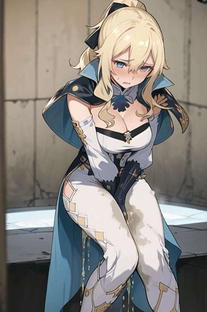 1girl,(solo:1.5),(solo focus:1.5),jean,long hair,bangs,blue eyes,blonde hair,bow,bangs,hair between eyes,ponytail,hair bow,sidelocks,gloves,belt,capelet,cleavage,pants,white pants,detached sleeves,detached collar,large breasts,standing,wetting self,(pee stain:1.25),tight dress,embarrassed,humiliated,medieval town with windmills in the background,(best quality,4k,8k,highres,masterpiece:1.2),ultra-detailed,vivid colors,sharp focus,long hair flowing in the wind,expressions of desperation and embarrassment captured perfectly,medieval cityscape as the background,intricate details in her face and hair,subtle reflections in her blue eyes,subtle blush on her cheeks,revealing her embarrassment,intricate details depicting the large pee stain on Jean's pants,(knees together, feet apart:1.5), hands between thighs