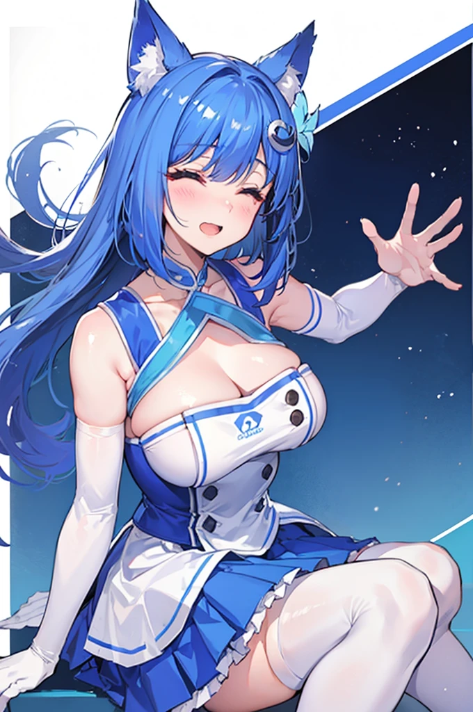 Yichen,Fox ears，Blue long hair,Hair accessories,Large Breasts,Bare shoulders,White Elbow Gloves.clavicle,Side Ponytail,White stockings,blue dress,Pleated Skirt,Waving arms,Simple background,Close your eyes,Happy,open mouth,