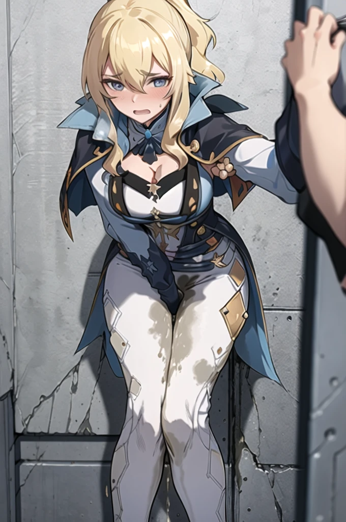 1girl,(solo:1.5),(solo focus:1.5),jean,long hair,bangs,blue eyes,blonde hair,bow,bangs,hair between eyes,ponytail,hair bow,sidelocks,gloves,belt,capelet,cleavage,pants,white pants,detached sleeves,detached collar,large breasts,standing,wetting self,(pee stain:1.25),tight dress,embarrassed,humiliated,medieval town with windmills in the background,(best quality,4k,8k,highres,masterpiece:1.2),ultra-detailed,vivid colors,sharp focus,long hair flowing in the wind,expressions of desperation and embarrassment captured perfectly,medieval cityscape as the background,intricate details in her face and hair,subtle reflections in her blue eyes,subtle blush on her cheeks,revealing her embarrassment,intricate details depicting the large pee stain on Jean's pants,(knees together, feet apart:1.5), hands between thighs