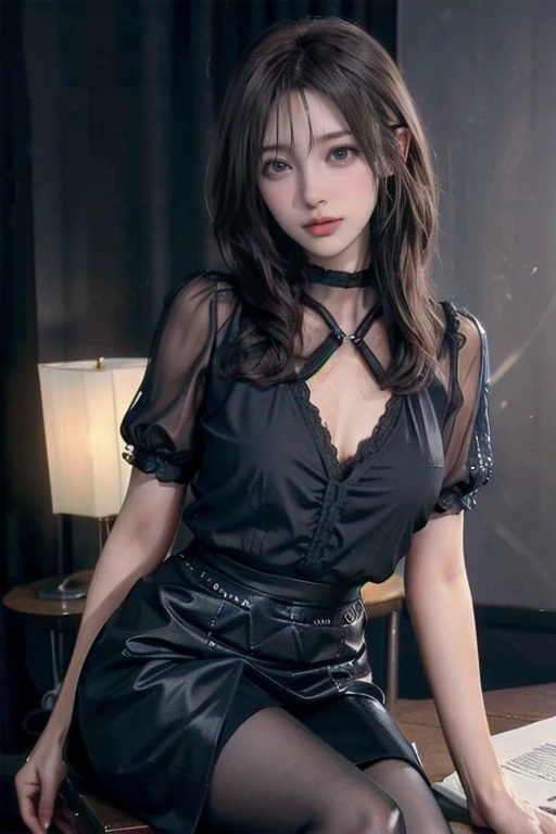 (Realistic、High resolution:1.3),(((Special high quality, 8k, masterpiece: 1.3))), Very detailed, Very beautiful woman,charm, Ultra high quality, Ultra-realistic, high quality, Very detailed lady, (()), High resolution RAW color photograph,1. Female, alone, ((Female sexuality:1.3)) , Very beautiful face, Very beautiful body,Gentle expression, Very beautiful eyes,(Perfect Makeup:1.1), (((Very beautiful fine hair))),(Short Bob Hair), Ash Brown Hair:1.3, Very thin body,Smart Abs, (((Check Pencil Skirt,Knee-length skirt))),Her skirt is knee-length,Open chest, Center of chest, Shiny , ((the skin is transparent、Black blouse :1.3)) 、1 pair of GGX heels, Black Pantyhose,office,Sit on a chair, look forward to, Looking at the camera, whole body, Center of screen