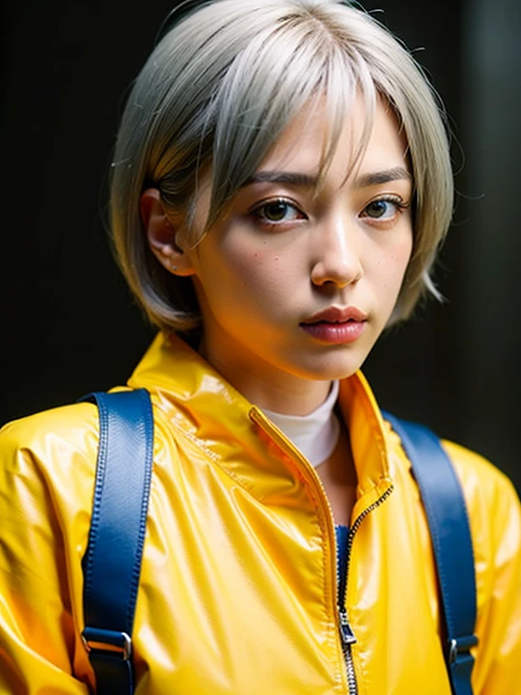((highest quality)), ((masterpiece)), (detailed), Perfect Face, Cool eyes, Fair skin, Short Bob Hair, Blue-gray hair, Blue-gray hair, White rubber jumpsuit, White rubber jacket, High neck collar, detailedな全身画像