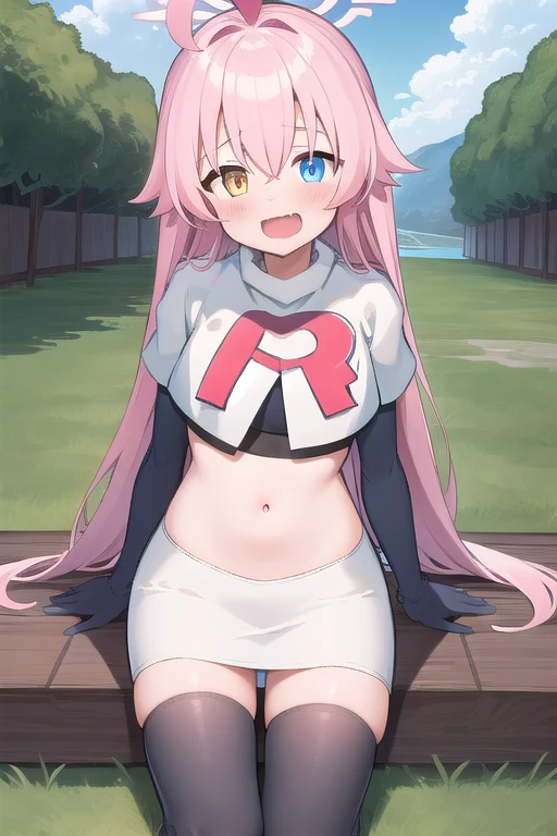 masterpiece, best quality, ultra-detailed, 1girl, hoshino, team rocket,team rocket uniform,white skirt,red letter R,crop top,black thigh-highs,black elbow gloves, outdoors 