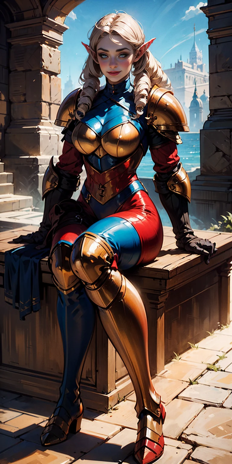 full body sitting on a bench showing ass to me, BLUE breastplate, BLUE skin (1girl)(BLUE skin:1.2), looking at viewer, shiny, armor, thigh highs, high boots, pauldrons shoulder armor, faulds, poleyn, gloves, gauntlets, rerebrace armored boots, (masterpiece, best quality, ultra-detailed, best shadow) yordle pointy ears muscular lean platinum blonde long twin-tails hairstyle at the office lustful smirking smile face red blushed, blush, strong abs, female body builder, tiara, twin drills hair