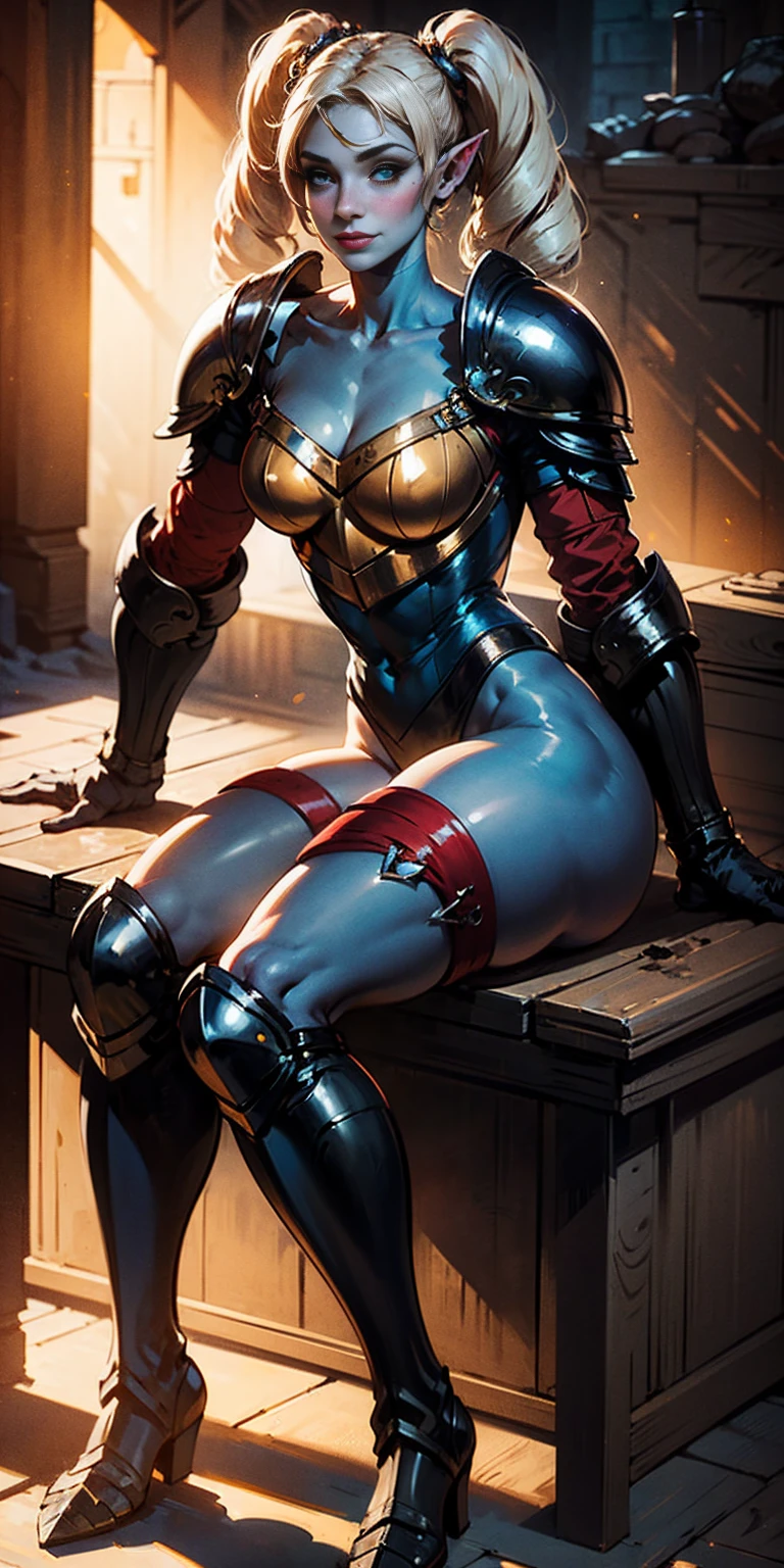 full body sitting on a bench showing ass to me, BLUE breastplate, BLUE skin (1girl)(BLUE skin:1.2), looking at viewer, shiny, armor, thigh highs, high boots, pauldrons shoulder armor, faulds, poleyn, gloves, gauntlets, rerebrace armored boots, (masterpiece, best quality, ultra-detailed, best shadow) yordle pointy ears muscular lean platinum blonde long twin-tails hairstyle at the office lustful smirking smile face red blushed, blush, strong abs, female body builder, tiara, twin drills hair