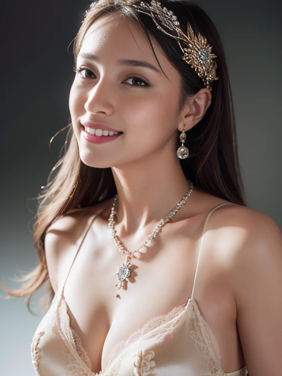 Best quality, masterpiece, high resolution, 1girl, clear silk porcelain dress, beautiful face, hair accessories, looking at the audience, smiling, close your mouth, lips, dress, hair accessories, necklaces, jewelry, long hair, earrings, beautiful face, on the body, Tindal effect, realism, dark studio, edge lighting, two-tone lighting, (high detail skin: 1.2), 8k UHD, DSLR, soft light, high quality, volumetric lighting, photo, high resolution 4K, 8k, blurred background