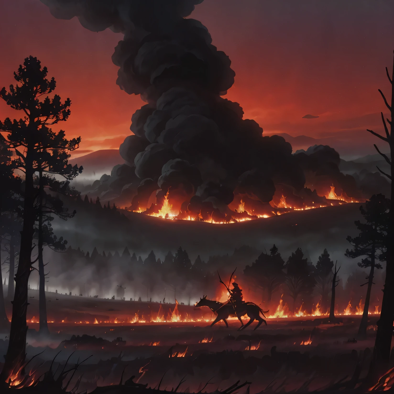 Burning forest, creatures dead, dead animals, burning, knights burning down forest, forest burning, red sky, smoky sky, dynamic, angle with animals fleeing, shadowy entities fleeing, shadowy entities dying, shadow creatures, dark forest, large forest