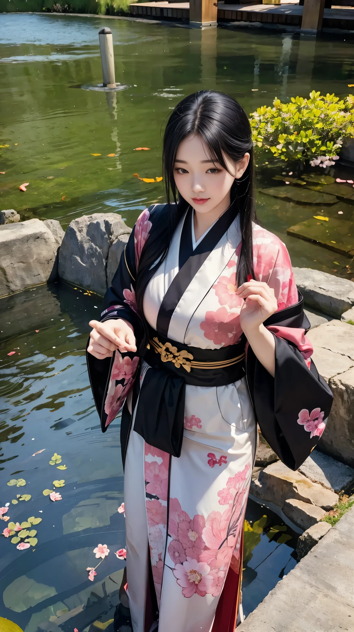 One girl,Black Hair, floating hair, Japanese garden，By the pond，景color,landscape,cherry blossoms, Falling petals, Sunbeam,God&#39;s Rays,Upper Body,  color,dress,kimono