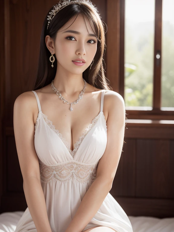 Korean women, goddesses, perfect figure, long hair, delicate skin texture and fabric texture, delicate eye texture, long eyelashes, double eyelids, (chest close-up: 1.4), hotel bed, 8k, highest quality, masterpiece, super high resolution: 1.2, beautiful female photo with the theme of girly elegant style, Arad woman posing for photo in light dress, soft dress, female dress, wearing elegant dress, wide waist, lace fabric, lace bra outside light dress, Elegant dresses, chiffon dresses, dresses, dresses