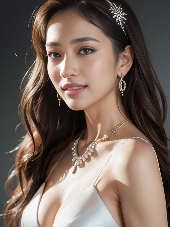 Best quality, masterpiece, high resolution, 1girl, clear silk porcelain dress, beautiful face, hair accessories, looking at the audience, smiling, close your mouth, lips, dress, hair accessories, necklaces, jewelry, long hair, earrings, beautiful face, on the body, Tindal effect, realism, dark studio, edge lighting, two-tone lighting, (high detail skin: 1.2), 8k UHD, DSLR, soft light, high quality, volumetric lighting, photo, high resolution 4K, 8k, blurred background