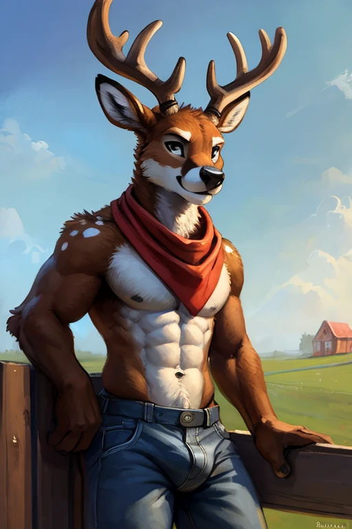 Deer with He has all black eyes
Brown fur bright random white spots and muscular And antlers , big chest, day, sexy, sensual, detailed, uploaded to e621, beautiful and detailed portrait of an anthropomorphic Deer with He has all black eyes
Brown fur bright random white spots and muscular And antlers ((male ))) kenket, Ross Tran, ruan jia, uploaded to e621, zaush, foxovh, movie lighting,, muscular toned, muscles, muscular build, with a slight bulge in his pants of happiness, ((at a farm during the day leaning against a light oak wooden fence with a red bandana around his neck wearing only pants,