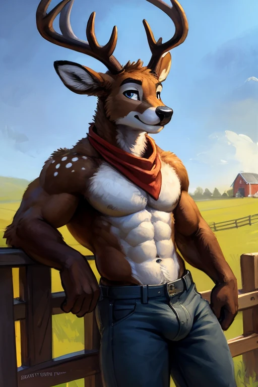 Deer with He has all black eyes
Brown fur bright random white spots and muscular And antlers , big chest, day, sexy, sensual, detailed, uploaded to e621, beautiful and detailed portrait of an anthropomorphic Deer with He has all black eyes
Brown fur bright random white spots and muscular And  antlers ((male ))) kenket, Ross Tran, ruan jia, uploaded to e621, zaush, foxovh, movie lighting,, muscular toned, muscles, muscular build, with a slight bulge in his pants of happiness, ((at a farm during the day leaning against a light oak wooden fence with a red bandana around his neck wearing only pants, 