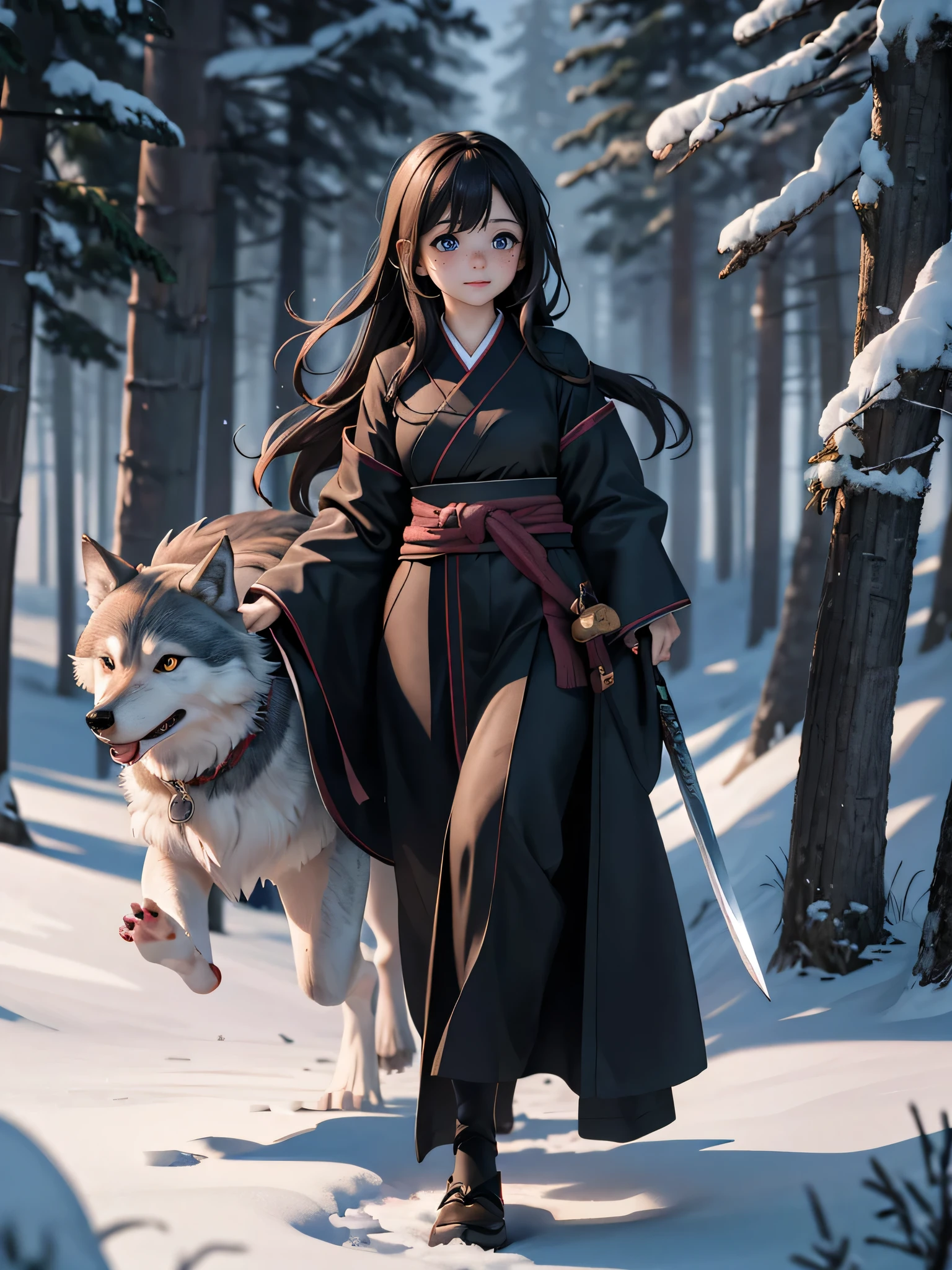masterpiece, highest quality, (Highly detailed CG Unity 8k wallpaper), (highest quality), (Best illustrations), (Best Shadow), Confused, Realistic lighting, (abyss), Beautiful and delicate shine,Random Pause, ((Cute freckles on the cheeks,Mole under left eye,)) ,Girl walking with wolf in snowy forest with hut,Anime girl with a Japanese sword on her waist, A wolf is by his side, Female Action Anime Girl, Anime Style 4k,