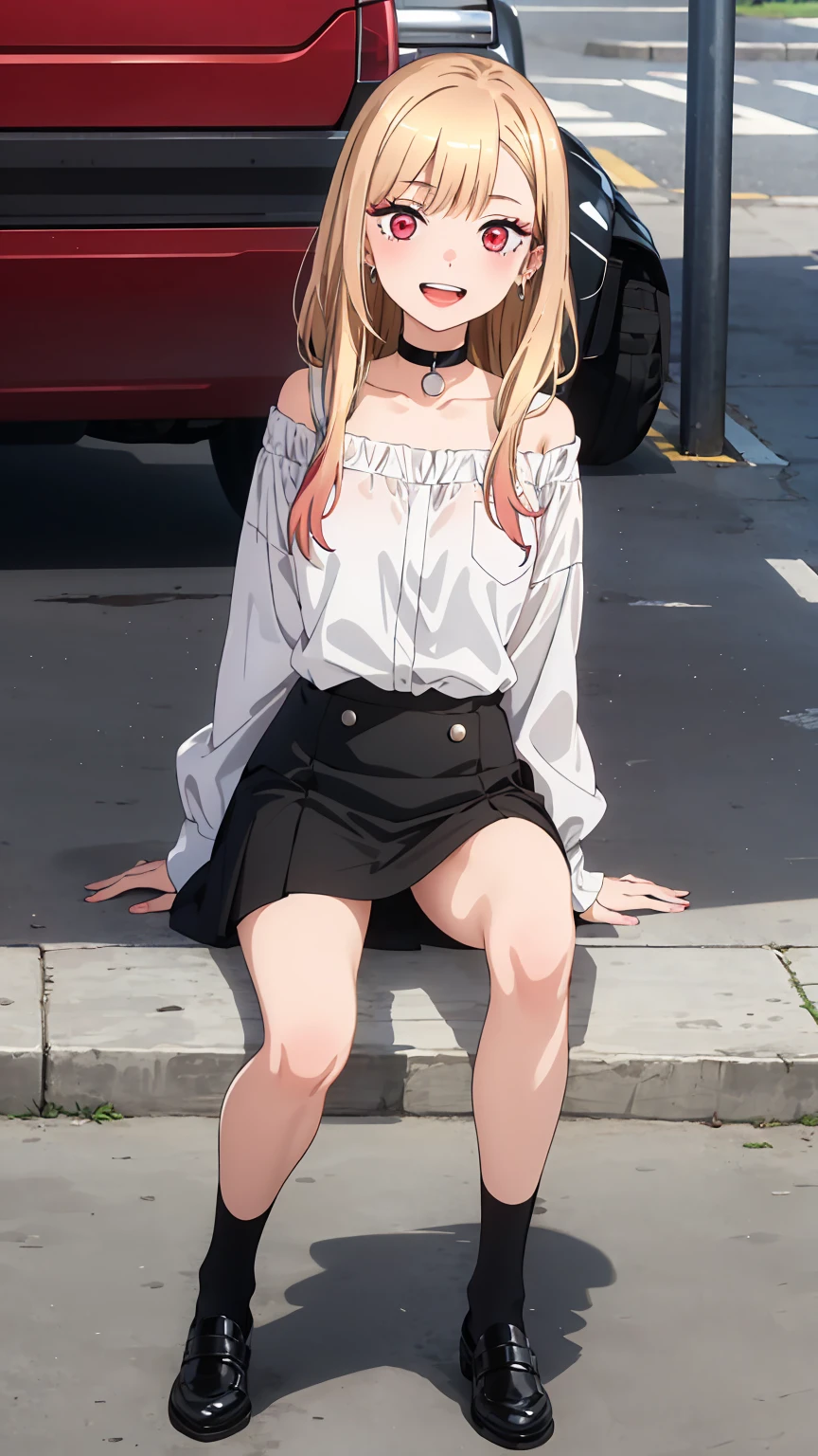 (((Pixel Perfect, Perfect detail))), alone, 1 girl,
Kitagawa Marine SB,1 girl, alone, teeth, Bright smile, Earrings, Long Hair, blonde, Red eyes, Colorful Hair, Black Ribbon, black collar,
Black Skirt, White shirt, Off the shoulder, tuck your shirt in,Permanently installed, Looking at the audience,outdoor activities, (squatting:1.3),  (Spread your legs,White panties), whole body