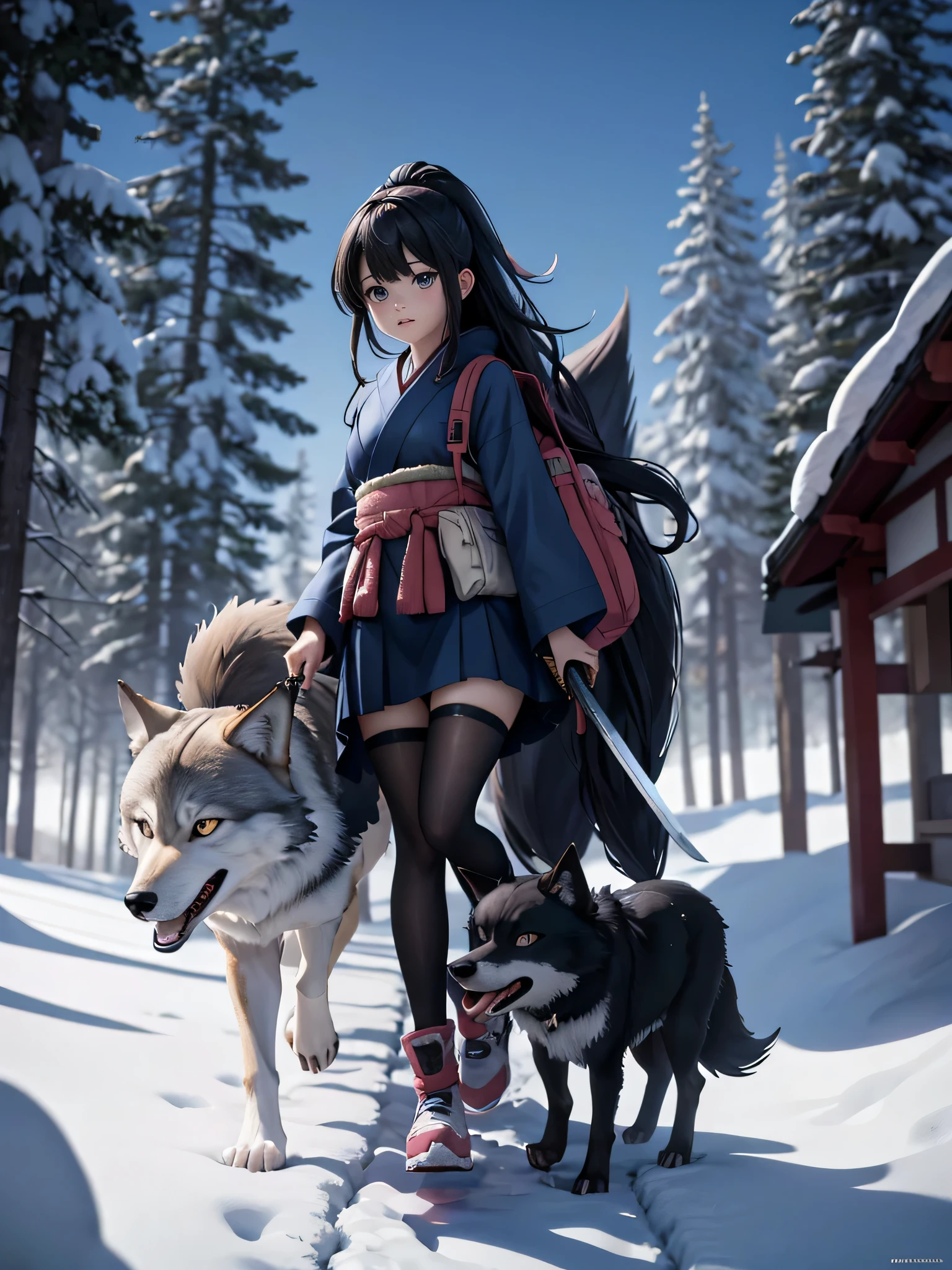 Girl walking with wolf in snowy forest with hut,Anime girl with a Japanese sword on her waist, A wolf is by his side,Amazing anime 8k, 4k anime wallpaper, anime wallpaper 4k, anime wallpaper 4k, anime art wallpaper 4k, anime art wallpaper 4k, anime art wallpaper 8k, 4K Manga Wallpapers, Female Action Anime Girl, Anime Style 4k, Spectacular anime style