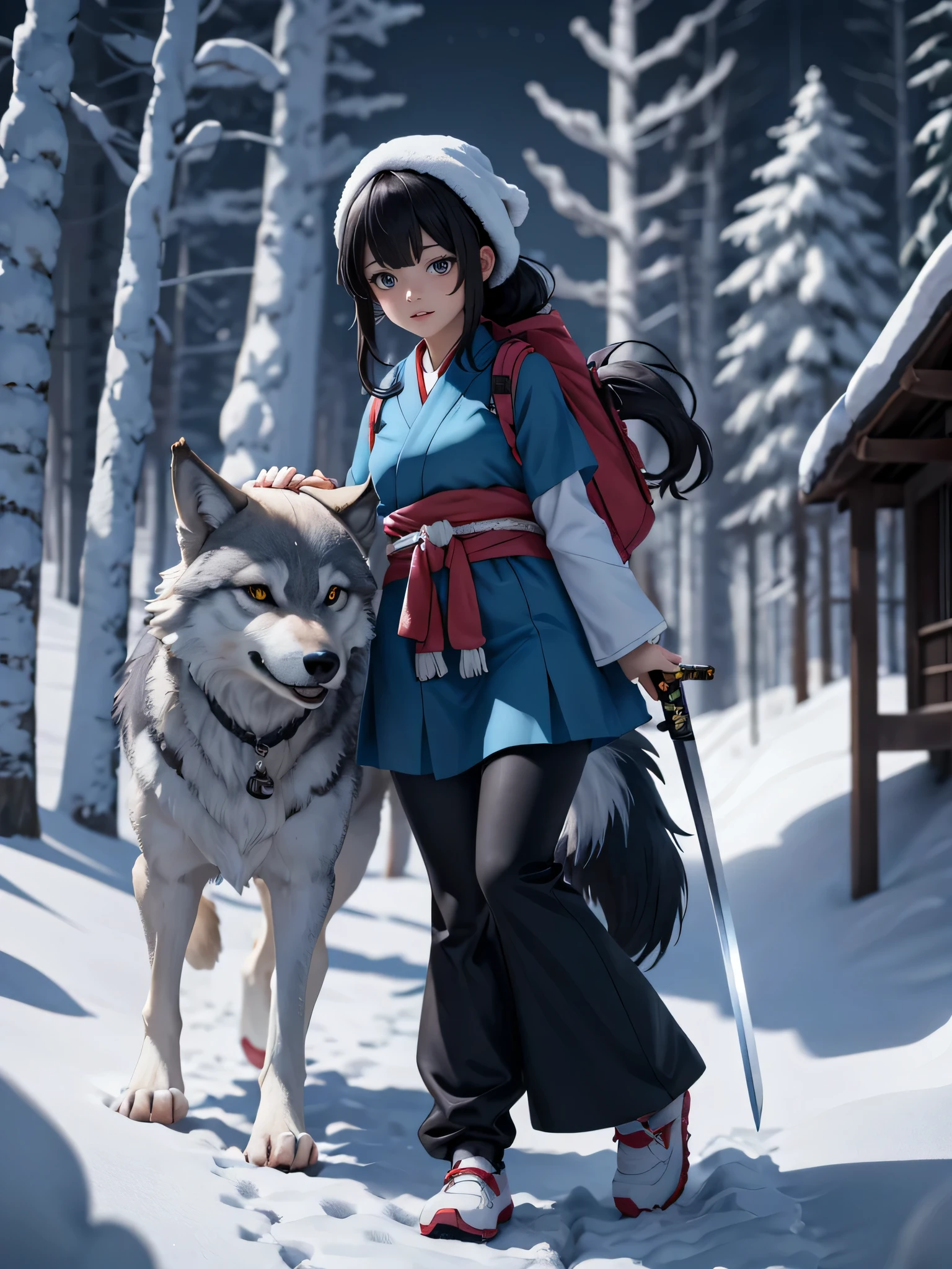 Girl walking with wolf in snowy forest with hut,Anime girl with a Japanese sword on her waist, A wolf is by his side,Amazing anime 8k, 4k anime wallpaper, anime wallpaper 4k, anime wallpaper 4k, anime art wallpaper 4k, anime art wallpaper 4k, anime art wallpaper 8k, 4K Manga Wallpapers, Female Action Anime Girl, Anime Style 4k, Spectacular anime style