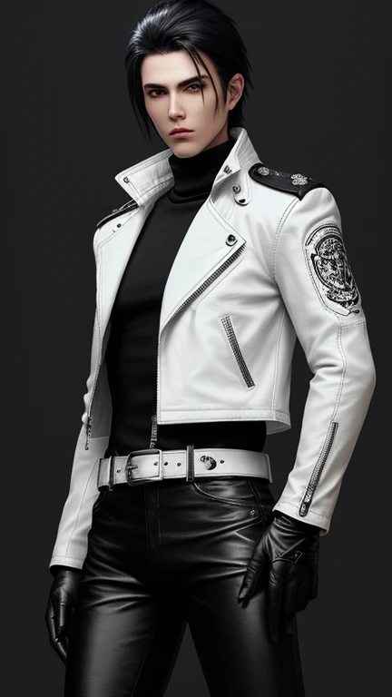 Final Fantasy-style graphics, young, Cute and cool Japanese boys, Thin eyebrows and big eyes, He is wearing a shiny off-white leather single-breasted jacket.。., with epaulettes, The jacket is zipped up, The pattern on the jacket is made of small black lines.., The jacket has a high stand-up collar with a belt, Also wearing a black turtleneck, black leather pants,tight, Thin black leather gloves on both hands, Black leather knee-high lace-up boots,show, Head to Toe, 全身をshow, Final Fantasy Style、good looking、Clear eyes and nose、((Shiny white single design leather jacket))、((The jacket has epaulettes))、((The jacket has a stand-up collar and a belt))、((The jacket has a black pocket))、((Black turtleneck shirt))、((光沢のあるblack leather pants))、((Shiny black leather gloves on both hands))、((Black lace-up leather long boots))、Head to Toeの眺め、Realistic image quality and texture、In a small cell、Holding adhesive tape in one hand