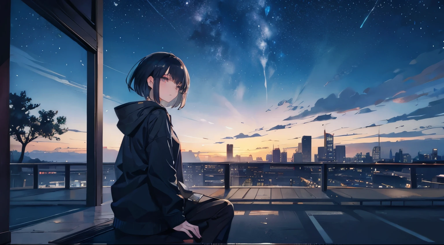 1 girl,octane, Sky, Star (Sky), landscape, Starry Sky, night, 1 Girl, night Sky, Solitary, outdoor, architecture, Milky Way, sitting, Tree, short hair, City, contour, Cityscape, looking at Sky, 8k, beautiful night Sky, Ray Tracing, masterpiece, Cute face