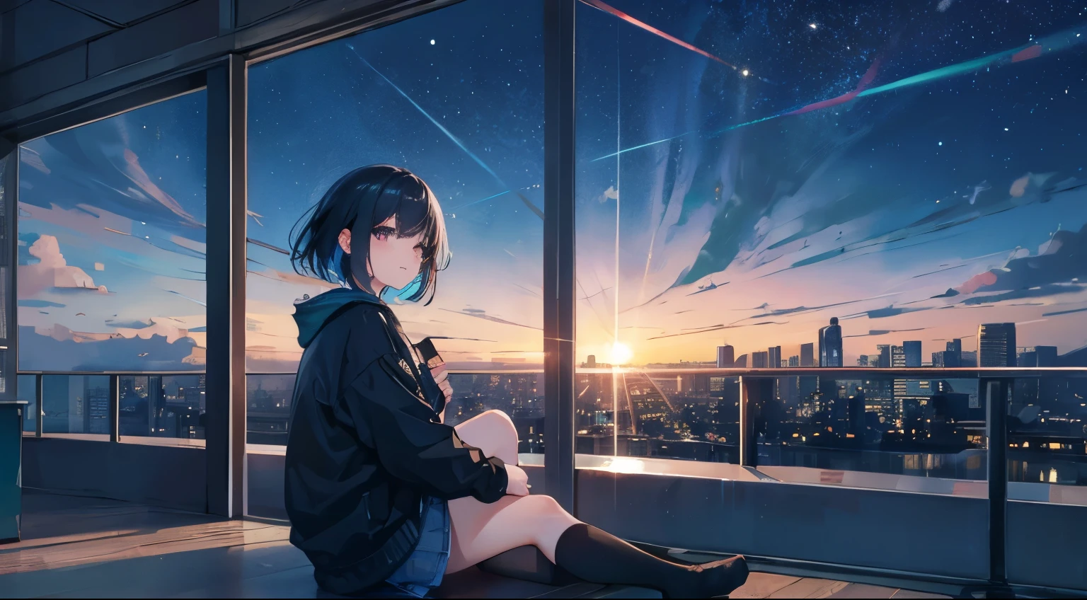 1 girl,octane, Sky, Star (Sky), landscape, Starry Sky, night, 1 Girl, night Sky, Solitary, outdoor, architecture, Milky Way, sitting, Tree, short hair, City, contour, Cityscape, looking at Sky, 8k, beautiful night Sky, Ray Tracing, masterpiece, Cute face