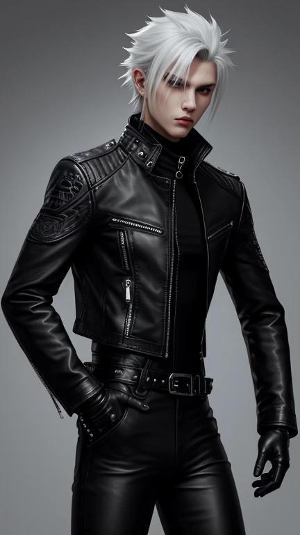 Final Fantasy-style graphics, young, Cute and cool Japanese boys, Thin eyebrows and big eyes,  He is wearing a shiny off-white leather single-breasted jacket.。., with epaulettes,  The jacket is zipped up, The pattern on the jacket is made of small black lines.., The jacket has a high stand-up collar with a belt, Also wearing a black turtleneck, black leather pants,tight, Thin black leather gloves on both hands, Black leather knee-high lace-up boots,show, Head to Toe, 全身をshow, Final Fantasy Style、good looking、Clear eyes and nose、((Shiny white single design leather jacket))、((The jacket has epaulettes))、((The jacket has a stand-up collar and a belt))、((The jacket has a black pocket))、((Black turtleneck shirt))、((光沢のあるblack leather pants))、((Shiny black leather gloves on both hands))、((Black lace-up leather long boots))、Head to Toeの眺め、Realistic image quality and texture、In a small cell、Only one hand is handcuffed