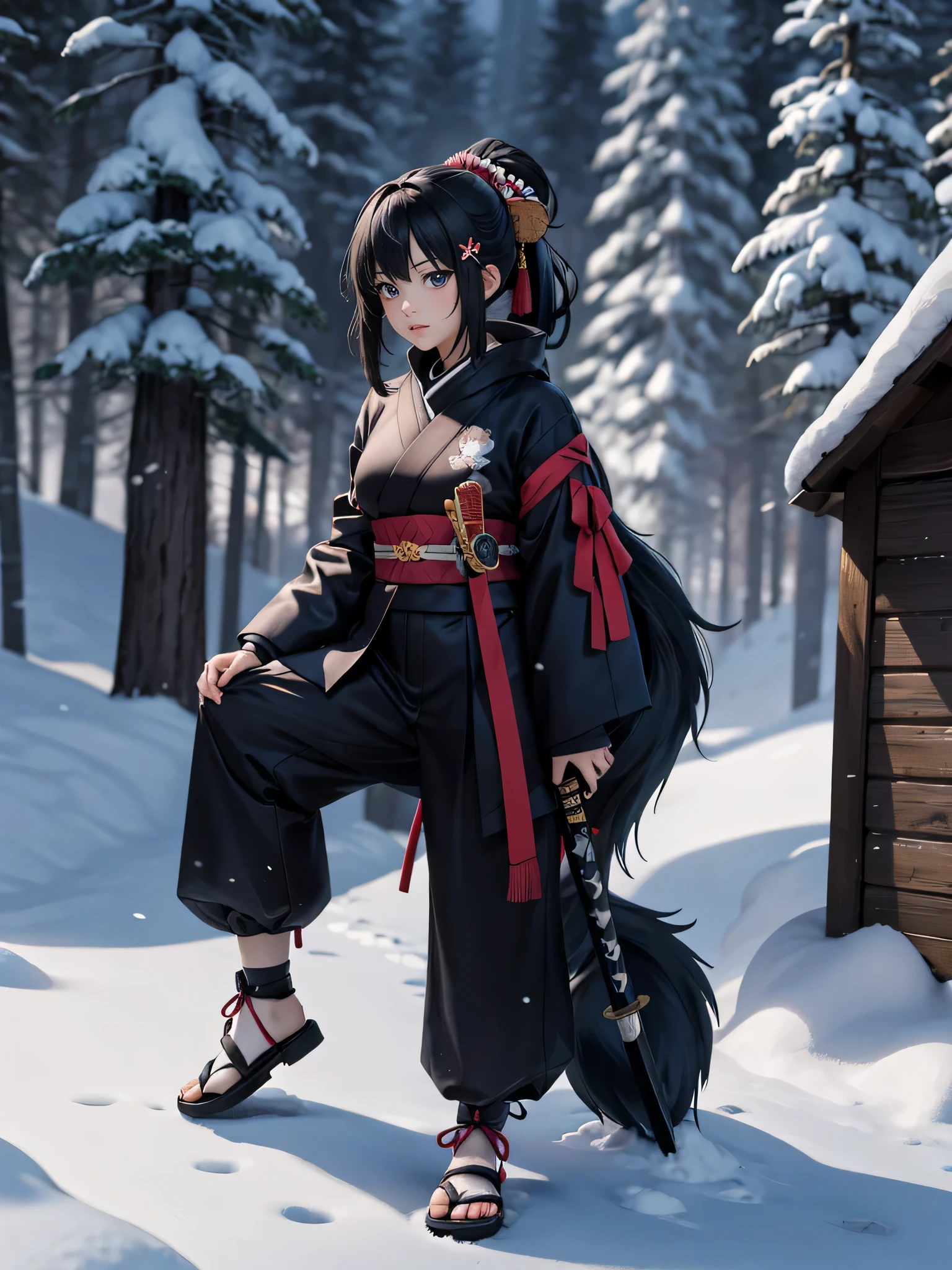 Anime girl with a samurai sword in a snowy forest with a hut, There's a wolf nearby,Amazing anime 8k, 4k anime wallpaper, anime wallpaper 4k, anime wallpaper 4k, anime art wallpaper 4k, anime art wallpaper 4k, anime art wallpaper 8k, 4K Manga Wallpapers, Female Action Anime Girl, Anime Style 4k, Spectacular anime style