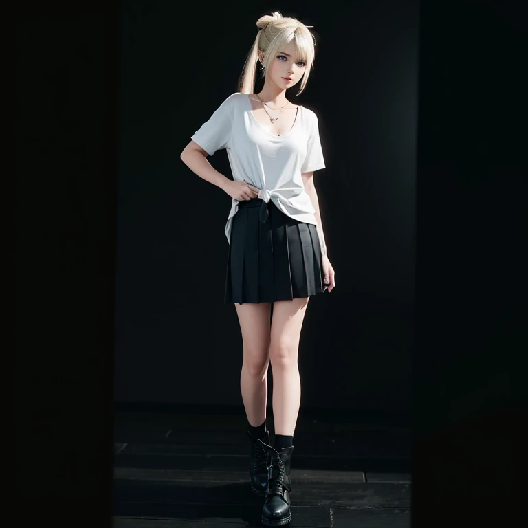 Marie Rose, with a casual and laid-back style. She should be wearing a simple white t-shirt and a loose, comfortable cardigan, with a black pleated skirt and long black socks. Your shoes should be black combat boots, with loose laces. Your hair should be tied into two buns, with a ponytail and short bangs. She should have a small, discreet tattoo on her arm, and she should wear a simple, delicate silver necklace. The background should be a modern and cozy cafe in Kyoto, with low lighting and details of wood and green plants.