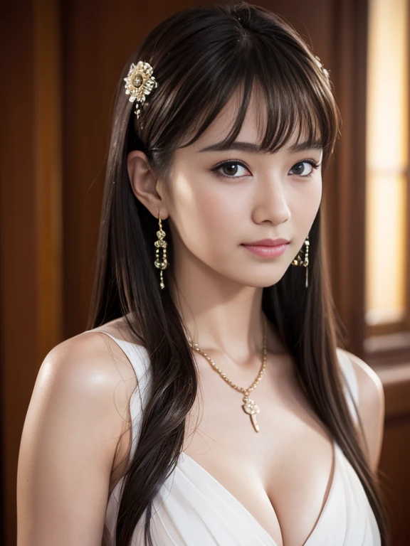 Best quality, masterpiece, high resolution, 1girl, clear silk porcelain dress, beautiful face, hair accessories, looking at the audience, smiling, close your mouth, lips, dress, hair accessories, necklaces, jewelry, long hair, earrings, beautiful face, on the body, Tindal effect, realism, dark studio, edge lighting, two-tone lighting, (high detail skin: 1.2), 8k UHD, DSLR, soft light, high quality, volumetric lighting, photo, high resolution 4K, 8k, blurred background