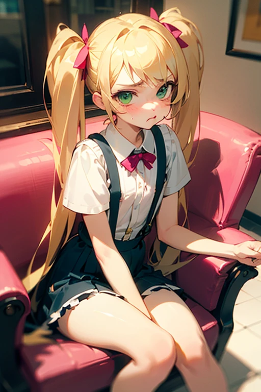 1 girl, cute, , flat chested, bratty, blonde hair, twintails, long hair, cute, bratty, teasing look, dim lighting, sitting in desk chair, pink room, cute room, white chair, lolita,pink suspenders skirt, green eyes, smiling, sassy