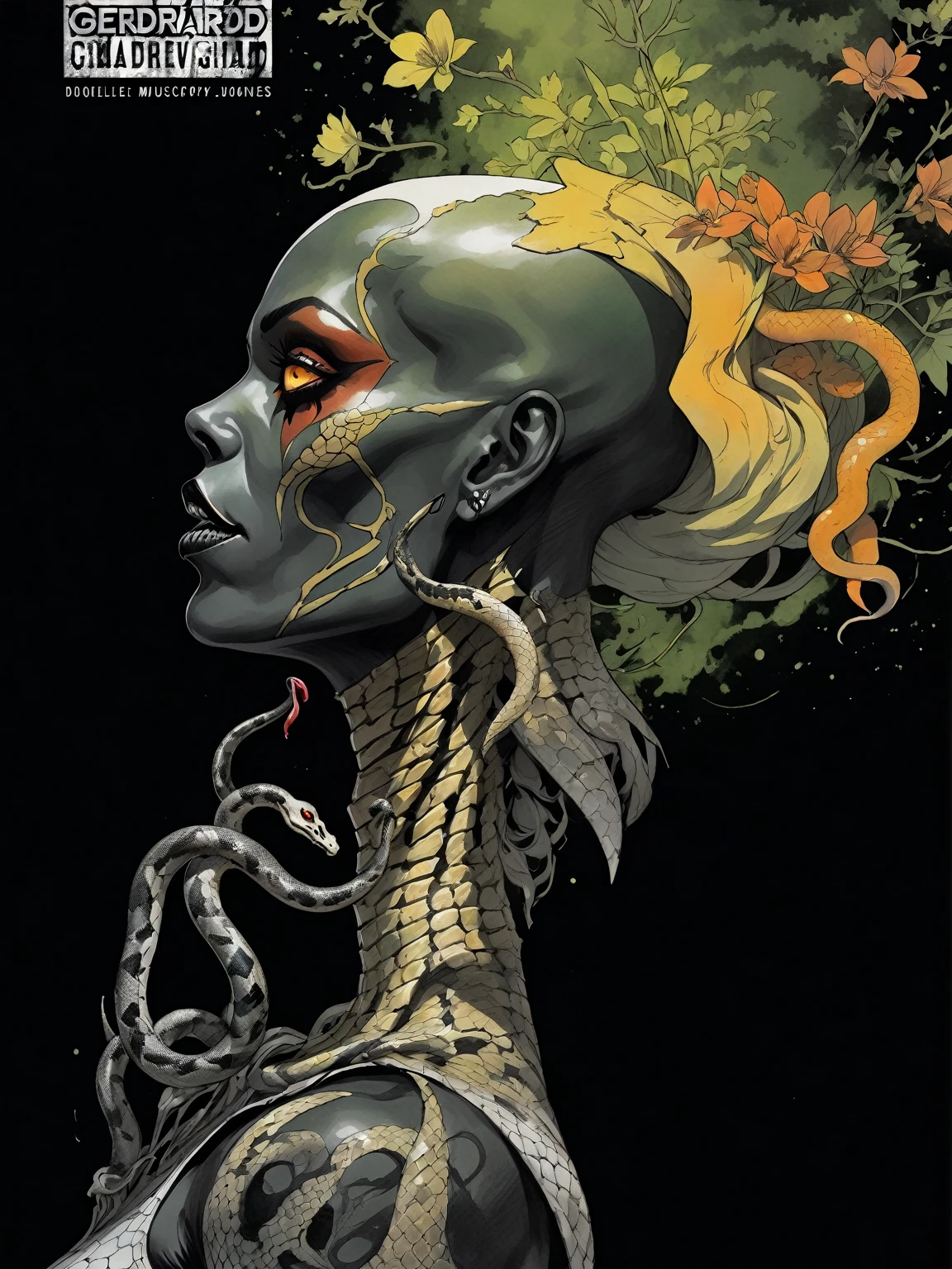 Medusa, gorgoneion, living snakes on head, snake-hair, serpent-hair, muted color grading, coarse tan drawing paper, splash page decompressed comic cover art, ink style figure, ((expressive Joelle Jones and "Sean Gordon Murphy" comic drawing)), wordless, cinematic poster, morphology anatomy drawn Frederic Delavier musculature anatomical illustration, (face, ornate black metal corpse paint, resembles Grace Jones), (background, pine barrens, entropy, rewilding, magic hour sunset, galaxy stars, cosmos), full length portrait, (colors, bleak muted deep fiery radiant glowing ROYGBIV, forest green, earth brown), candid, snake skin dress, (body, Naga, snakefolk, lower body snake tail, snake woman hybrid, bald, hairless, skeleton, snake skin tattoos, piercing eyes, snake pupils, over the shoulder), abyss void black no visibility darkness, craftsmanship nuance, (Gerardo Zaffino charcoal), (horror, abstract, surreal, body, cosmic), subliminal orchids, nyctophobia, silhouette, double exposure, image within image, unfinished expressive rough-sketch

