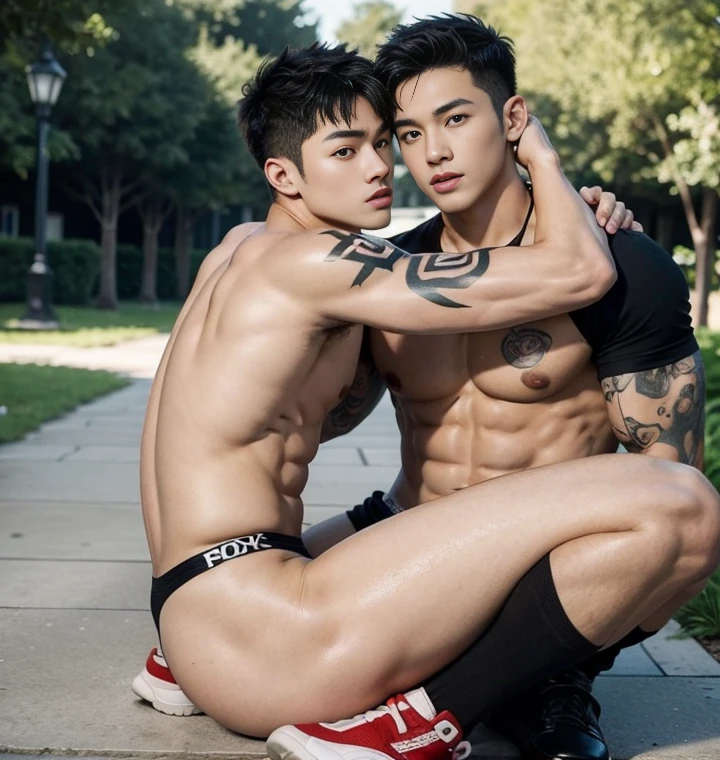 2 handsome guy fucking，naked, kpop idol, chinese Handsome actor，manly, kissing , hug, cuddle, skin ship, penetrate, lift position, Male college student， in the park，super hight HD, musculous，perfect bodieess curly hair, athletic sneakers，Black socks，Abs, chest muscle, loom，tattoo chest, tattoo hands, tattoo arms, tattoo legs，Black eyes，full bodyesbian，long big dick, detailed dick, perfect dick, juicy butts.