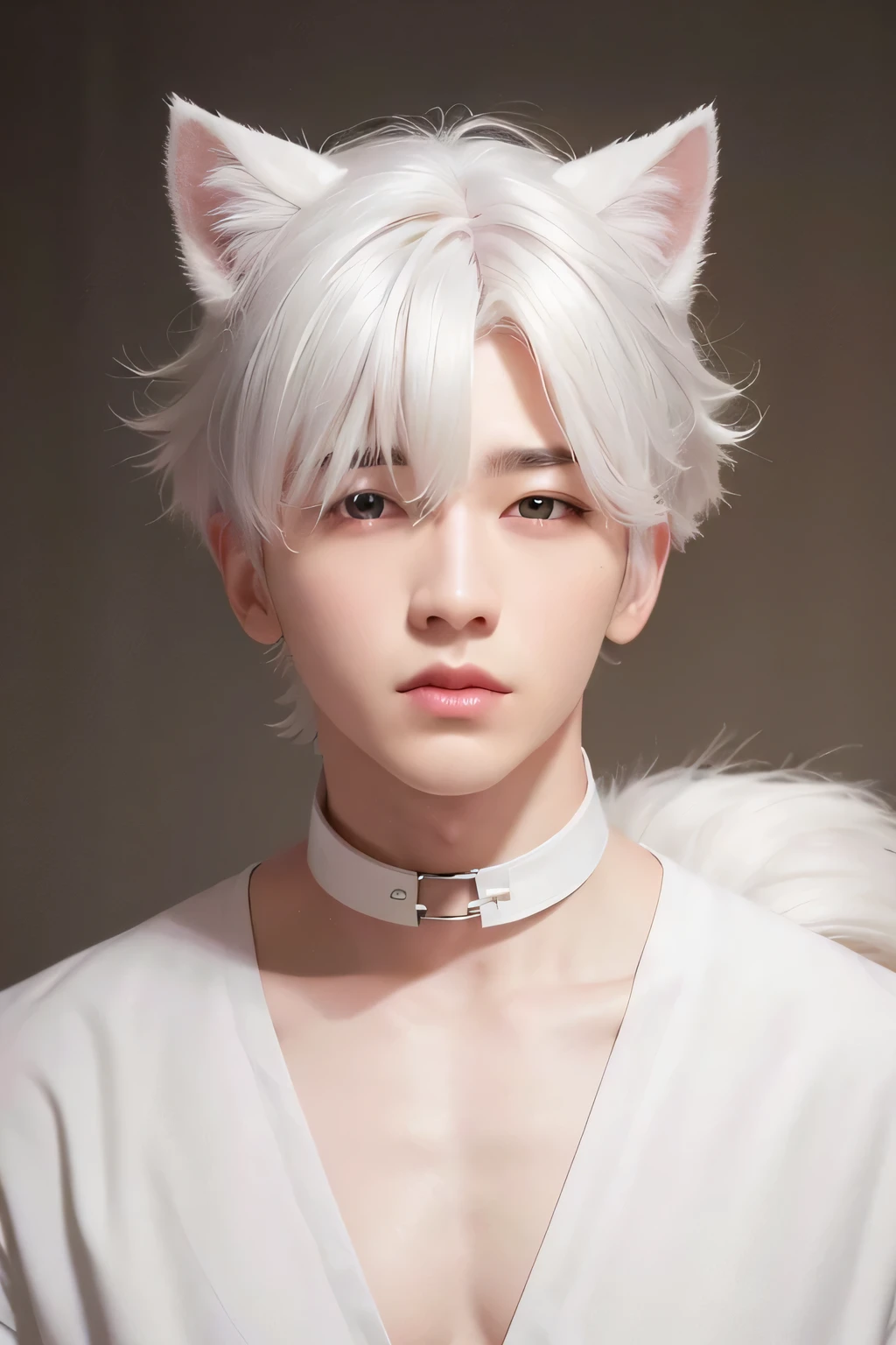 １male、Creating aesthetics、highest quality、masterpiece、8k、Blurred feeling、Realistic Skin、(head shot:1.45)、(Pure white hair:1.23)、Disheveled Hair、Dog ears、choker