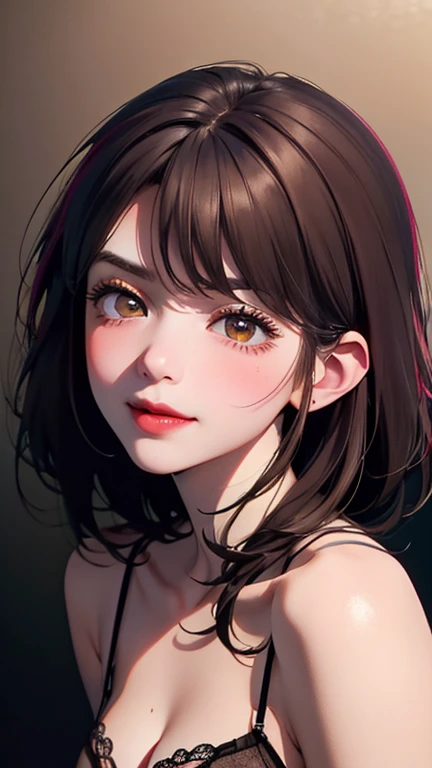 A light blush and a smile, (Masterpiece of the highest quality:1.2) Delicate illustrations, super detailed, /Beautiful Japanese Women、1 person,Very cute and slim、Outstanding style 、((8K images、super high quality))、Very delicate face, Skin and Hair、Red lipstick、short hair、straggling hair,(((((Gradient Hair、brown hair))))),Very cute Japanese cut face、Eyes and nose are clearly visible、Kind eyes,(((sexy lingerie、Watching the audience)))、full body shot
