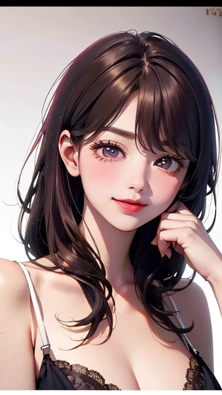 A light blush and a smile, (Masterpiece of the highest quality:1.2) Delicate illustrations, super detailed, /Beautiful Japanese Women、1 person,Very cute and slim、Outstanding style 、((8K images、super high quality))、Very delicate face, Skin and Hair、Red lipstick、short hair、straggling hair,(((((Gradient Hair、brown hair))))),Very cute Japanese cut face、Eyes and nose are clearly visible、Kind eyes,(((sexy lingerie、Watching the audience)))、full body shot