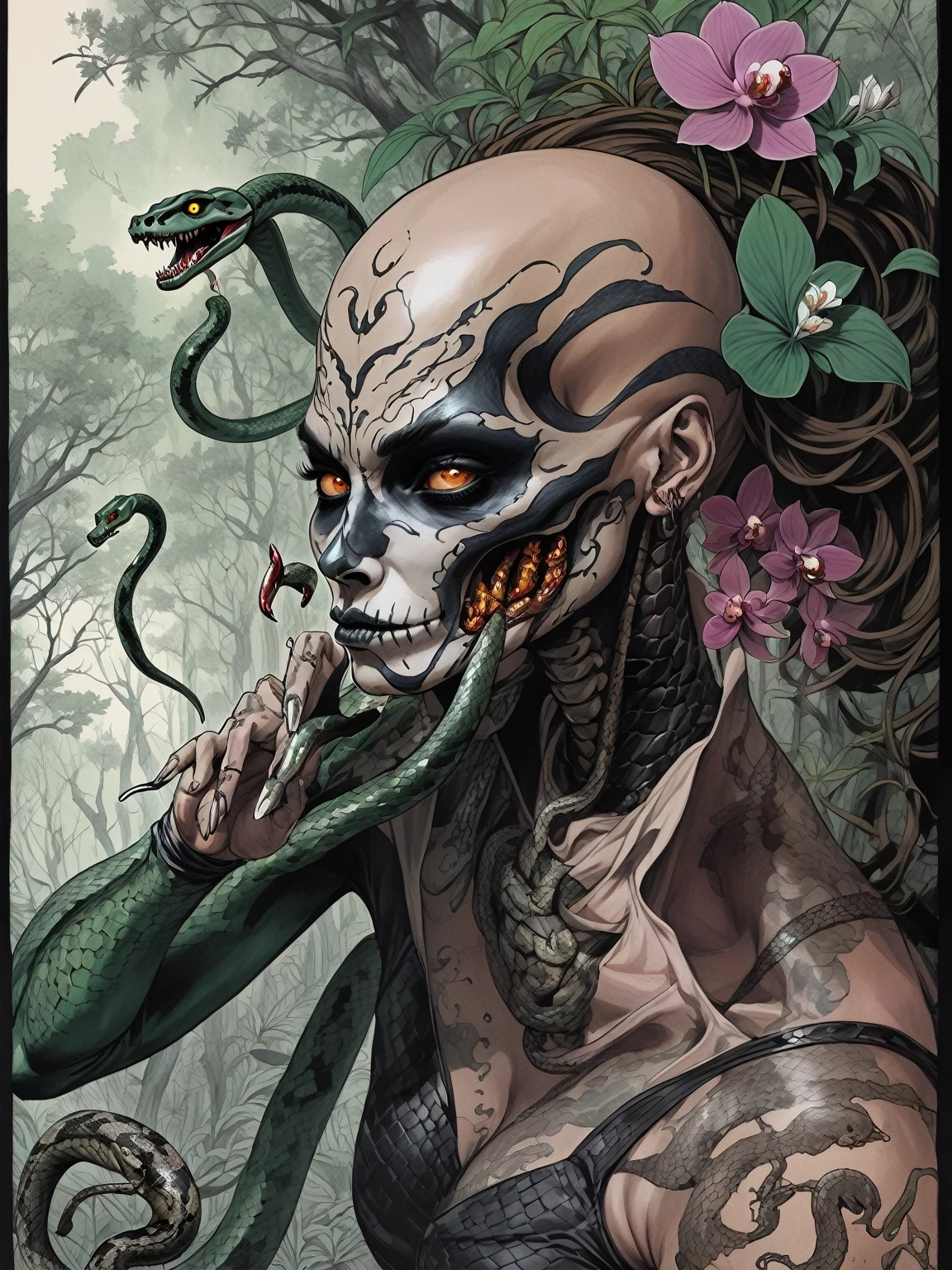 Medusa, splash page decompressed comic cover art, ink style figure,((expressive Joelle Jones and "Sean Gordon Murphy" comic drawing)), wordless, cinematic poster, double exposure, optical illusion, image within image, abyss void black no visibility darkness, full length portrait, (background, pine barrens, entropy, rewilding, magic hour sunset, galaxy stars, cosmos), (horror, abstract, surreal, body, cosmic), candid, snake skin dress, body anatomy drawn Frederic Delavier musculature anatomical illustration, (face, ornate black metal corpse paint, resembles Grace Jones), (body, Naga, snakefolk, lower body snake tail, snake woman hybrid, bald, hairless, skeleton, snake skin tattoos, piercing eyes, snake pupils, over the shoulder), (colors, bleak muted deep fiery radiant glowing ROYGBIV, forest green, earth brown), craftsmanship nuance, (Gerardo Zaffino charcoal), subliminal orchids, nyctophobia, silhouette



