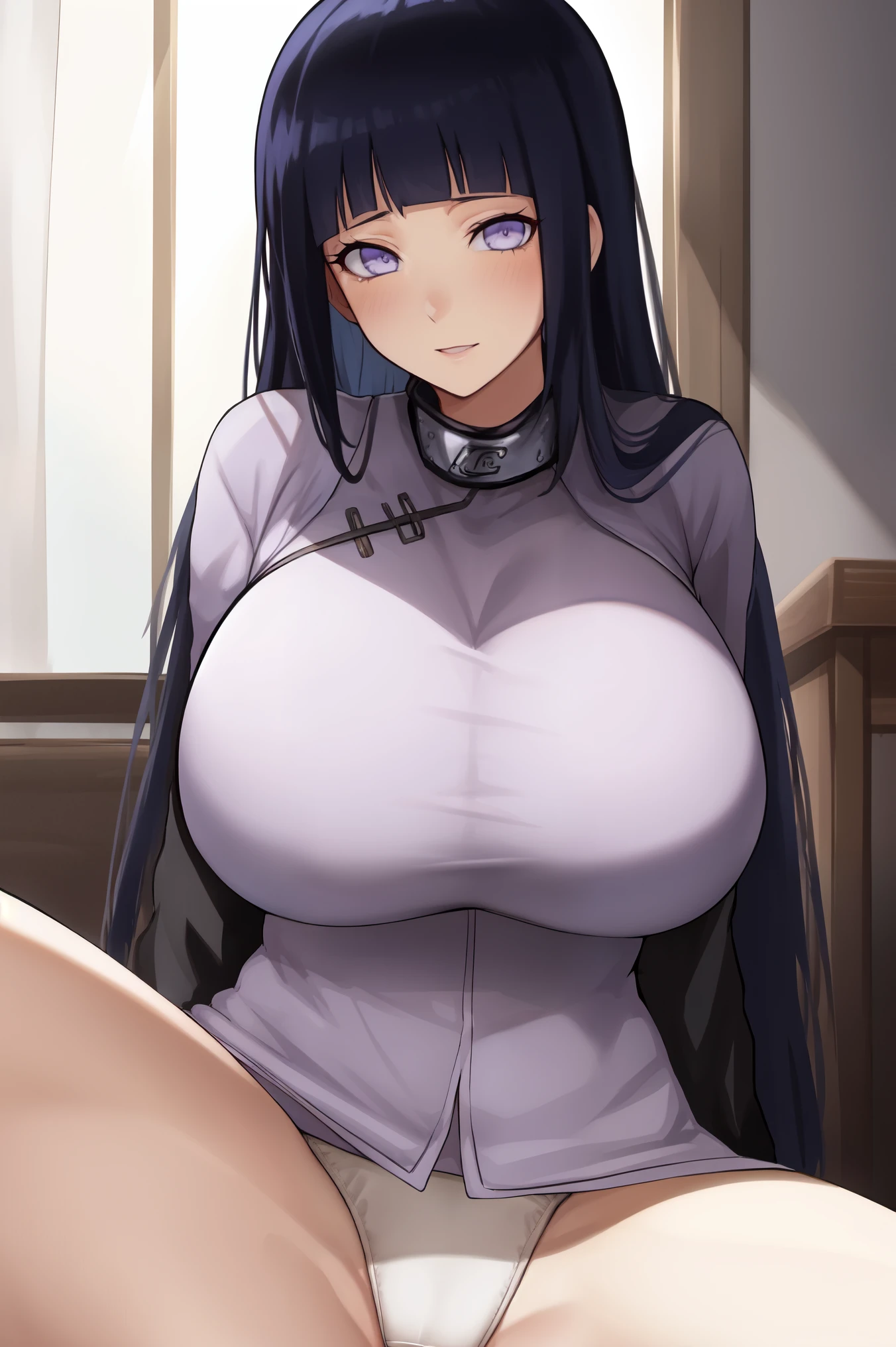 Hinata, Naruto anime, huge_breasts, solo, china_dress, masterpiece, best quality, detailed face, detailed eyes, highres, spread legs, white panties