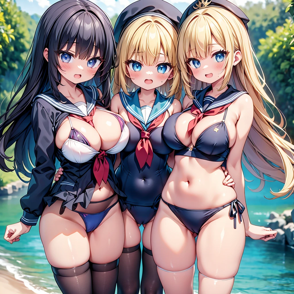 highest quality,wonderful,finely,extremely detailed CG Unity 8K wallpaper, (3 girls, cute eyes), (deep detailed eyes), (Sailor swimsuit:1.1), (huge breasts), (open mouth:1.1), (long tongue:1.1), (mouth drool:1.1), (black stockings:1.1),(Thighs:1.1),(Waistline:1.1)