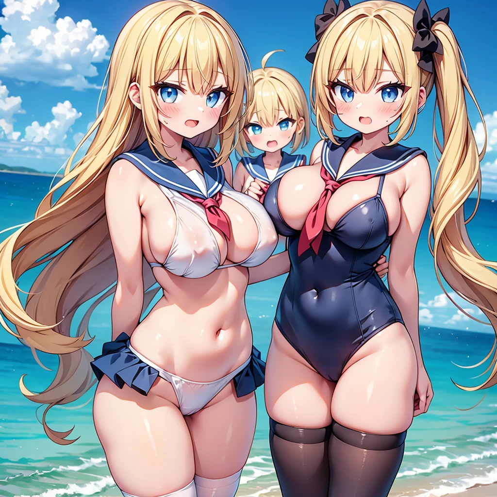 highest quality,wonderful,finely,extremely detailed CG Unity 8K wallpaper, (3 girls, cute eyes), (deep detailed eyes), (Sailor swimsuit:1.1), (huge breasts), (open mouth:1.1), (long tongue:1.1), (mouth drool:1.1), (black stockings:1.1),(Thighs:1.1),(Waistline:1.1)
