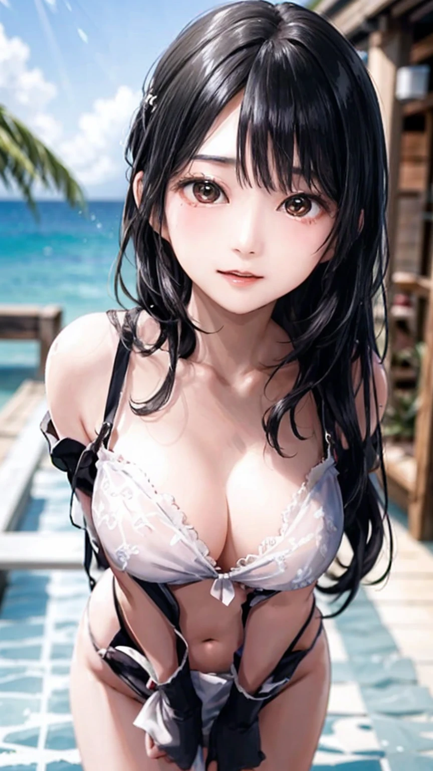 Private beach with white sand、A beautiful girl with a super cute face、High-definition images with the highest level of emphasis on big breasts、(Small face)、With her leaning forward position, her huge breasts are completely visible, even down to the bottom、Extremely revealing nipple bikini、No makeup、Sexy lips that reveal sexual desire、