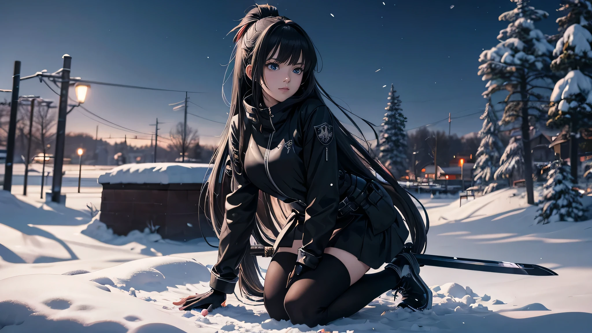 Anime girl kneeling in the snow wearing black clothes and holding a sword, Amazing anime 8k, She has a sword, Anime Style 4k, Gweiz style artwork, anime wallpaper 4k, anime wallpaper 4k, anime art wallpaper 8k, 4k anime wallpaper, anime art wallpaper 4k, anime art wallpaper 4k