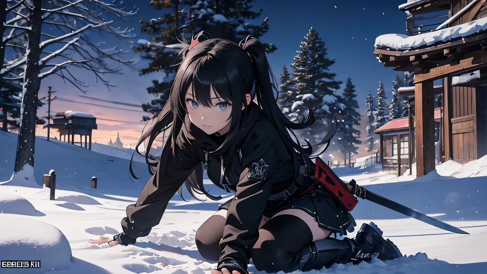 Anime girl kneeling in the snow wearing black clothes and holding a sword, Amazing anime 8k, She has a sword, Anime Style 4k, Gweiz style artwork, anime wallpaper 4k, anime wallpaper 4k, anime art wallpaper 8k, 4k anime wallpaper, anime art wallpaper 4k, anime art wallpaper 4k