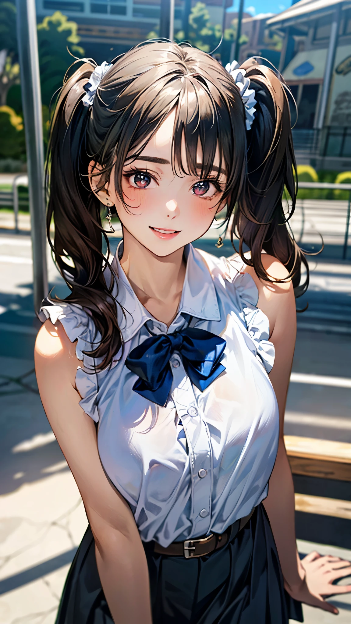 (masterpiece:1.3, top-quality, ultra high resolution, ultra detailed), (realistic, photorealistic:1.4), beautiful illustration, perfect lighting, natural lighting, depth of fields, 
beautiful detailed hair, beautiful detailed face, beautiful detailed eyes, beautiful clavicle, beautiful body, beautiful chest, beautiful thigh, beautiful legs, beautiful hands, 
looking at viewer, 1 girl, very cute girl, , (perfect anatomy, anatomically correct), cute and symmetrical face, babyface, perfect face, perfect eyes, shiny skin, 
(long hair:1.8, twin tails, black hair), bangs, black eyes, slant eyes, long eye lasher, (large breasts, juicy thighs, attractive thighs), 
(white sleeveless with ruffles wide open at the chest, dark blue pleated skirt:1.3, belt), pink hair scrunchie, 
(beautiful scenery), amusement park, go-round, ferris wheel, (versatile sexy poses), (lovely smile, upper eyes, parted lips), 