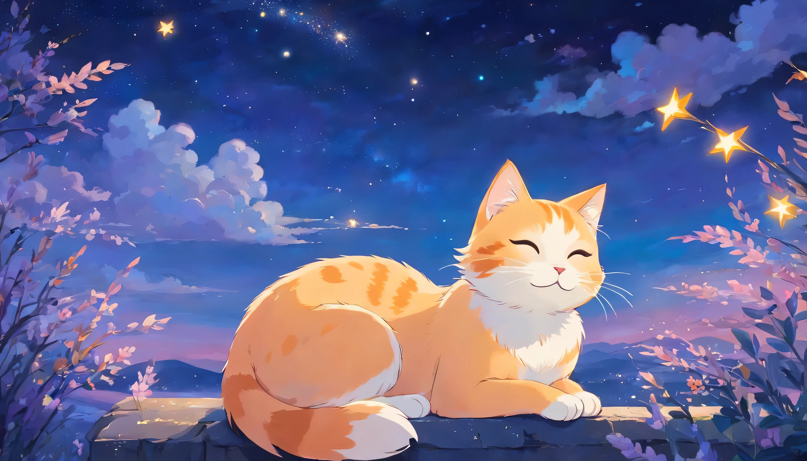 Close-up angle、HD、Disney-Pixar Style、Digital Painting、Natural light、rich background、Edge Lighting、Fantastic color tones、Color Palette、Aspect Ratio 16:9This picture depicts a small orange and white cat、Close your eyes on the snowy clouds、Lying peacefully as if in a sweet dream。The cat's expression is very calm and satisfied.、The corners of the mouth turn up slightly, making it look like a smile.。The background of the painting、In the fantastic starry sky、Decorated with stars and soft halos、Some of them are connected with elegant lines.、Creating a quiet and peaceful atmosphere for the night。The overall style is、It is full of fantasy and fairy tale colors.。 。The whole image is dominated by warm and bright colors.、The colors are used softly and hierarchically.。Orange and white cat、It contrasts sharply with the dark blue and purple background.、Creates warm and cool tones、It enhances the pleasant atmosphere of the photo。Peaceful and warm、It expresses a pleasant feeling、Watching this makes me feel so relaxed and happy。Also、The texture of a cat's fur and the fluffy feel of clouds、The twinkle of starlight、The depiction of details is also exquisite.、It enhances the delicacy and charm of the painting.。Close ~ eyes