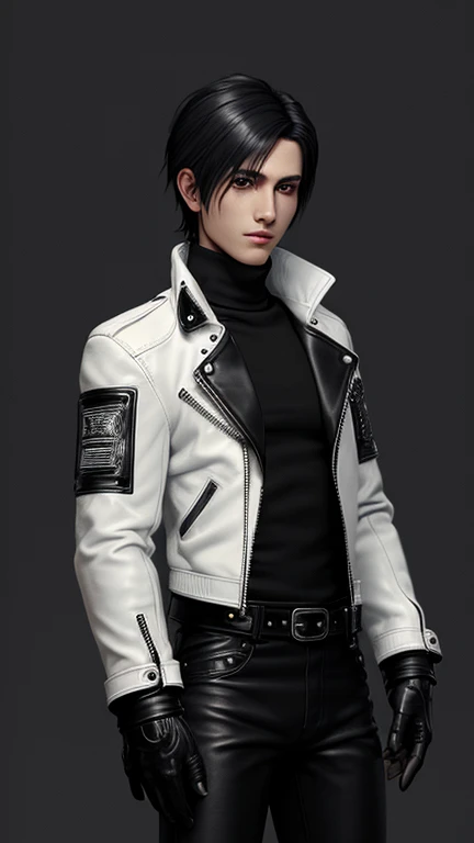 Final Fantasy-style graphics, young, Cute and cool Japanese boys, Thin eyebrows and big eyes, He is wearing a shiny off-white leather single-breasted jacket.。., with epaulettes, The jacket is zipped up, The pattern on the jacket is made of small black lines.., The jacket has a high stand-up collar with a belt, Also wearing a black turtleneck, black leather pants,tight, Thin black leather gloves on both hands, Black leather knee-high lace-up boots,show, Head to Toe, 全身をshow, Final Fantasy Style、good looking、Clear eyes and nose、((Shiny white single design leather jacket))、((The jacket has epaulettes))、((The jacket has a stand-up collar and a belt))、((The jacket has a black pocket))、((Black turtleneck shirt))、((光沢のあるblack leather pants))、((Shiny black leather gloves on both hands))、((Black lace-up leather long boots))、Head to Toeの眺め、Realistic image quality and texture、In a small cell、Close your eyes、A kind smile