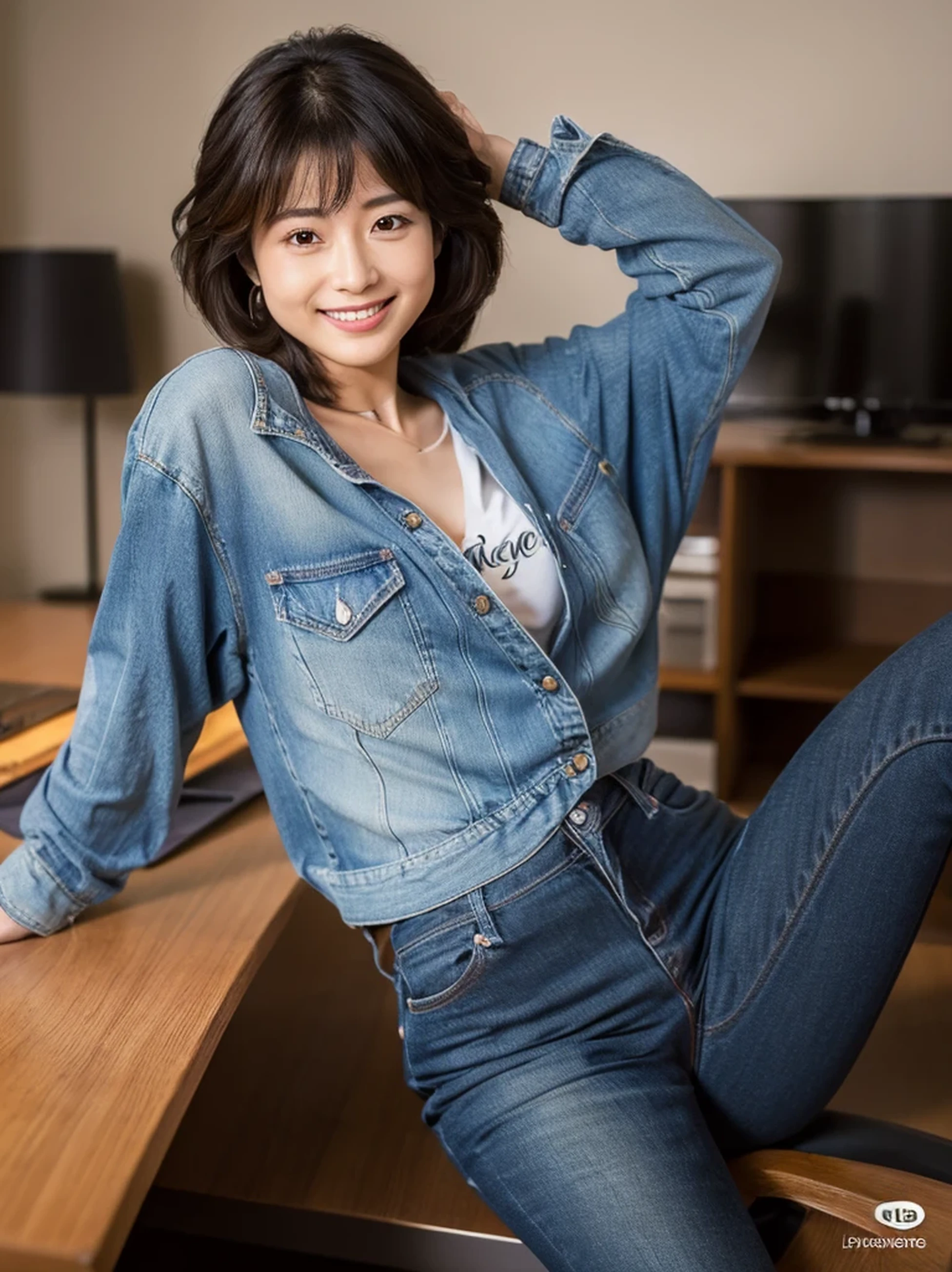 ((Best quality, 8k, Masterpiece :1.3)), actress Hirose Suzu, beautifully portrayed with precise detail: 1.3, (dark blue skinny jeans: 1.2), confident posture: 1.4, (bent knees slightly apart: 1.2), alluring charm: 1.4, delicate facial features: 1.2, captivating smile: 1.3, ((desk: 1.1)), exuding grace and presence: 1.5, high resolution: 1.3, photorealistic: 1.1, professional lighting: 1.2, ((Hirose Suzu): 1