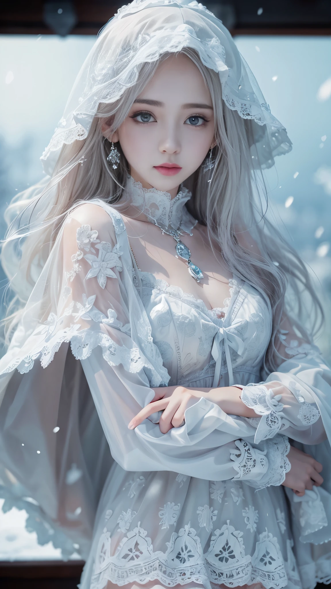 (8k,RAW photos, Best quality, masterpiece:1.2),(Realistically, Shoot real:1.4),hide your face from sadness,
ta clothing,Lace, Iris Gainsborough, Upper part of the body,thigh,Lace, underwear,Expose bare shoulders, external, (external,Covered with snow,cloak,) high quality, Adobe Lightroom, High Detail Skin, Looking at the audience,